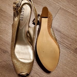 Guess sling back gold glitter wedge shoes